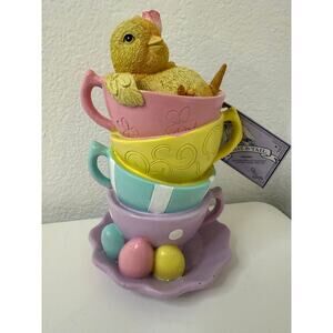 Tophat & Tail Easter Chick Inside Pastel Teacups Figurine Spring Tabletop Decor